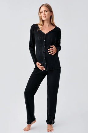 Pleated Cellular Cotton Maternity & Nursing Pajama Set Black - 18214