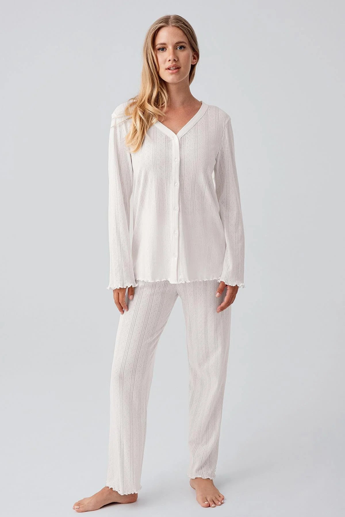 Pleated Cellular Cotton Maternity & Nursing Pajama Set Ecru - 18214
