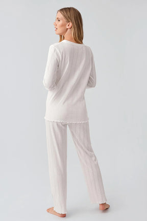Pleated Cellular Cotton Maternity & Nursing Pajama Set Ecru - 18214