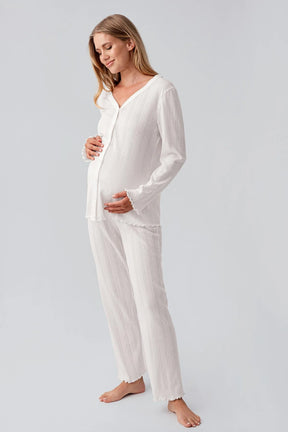 Pleated Cellular Cotton Maternity & Nursing Pajama Set Ecru - 18214