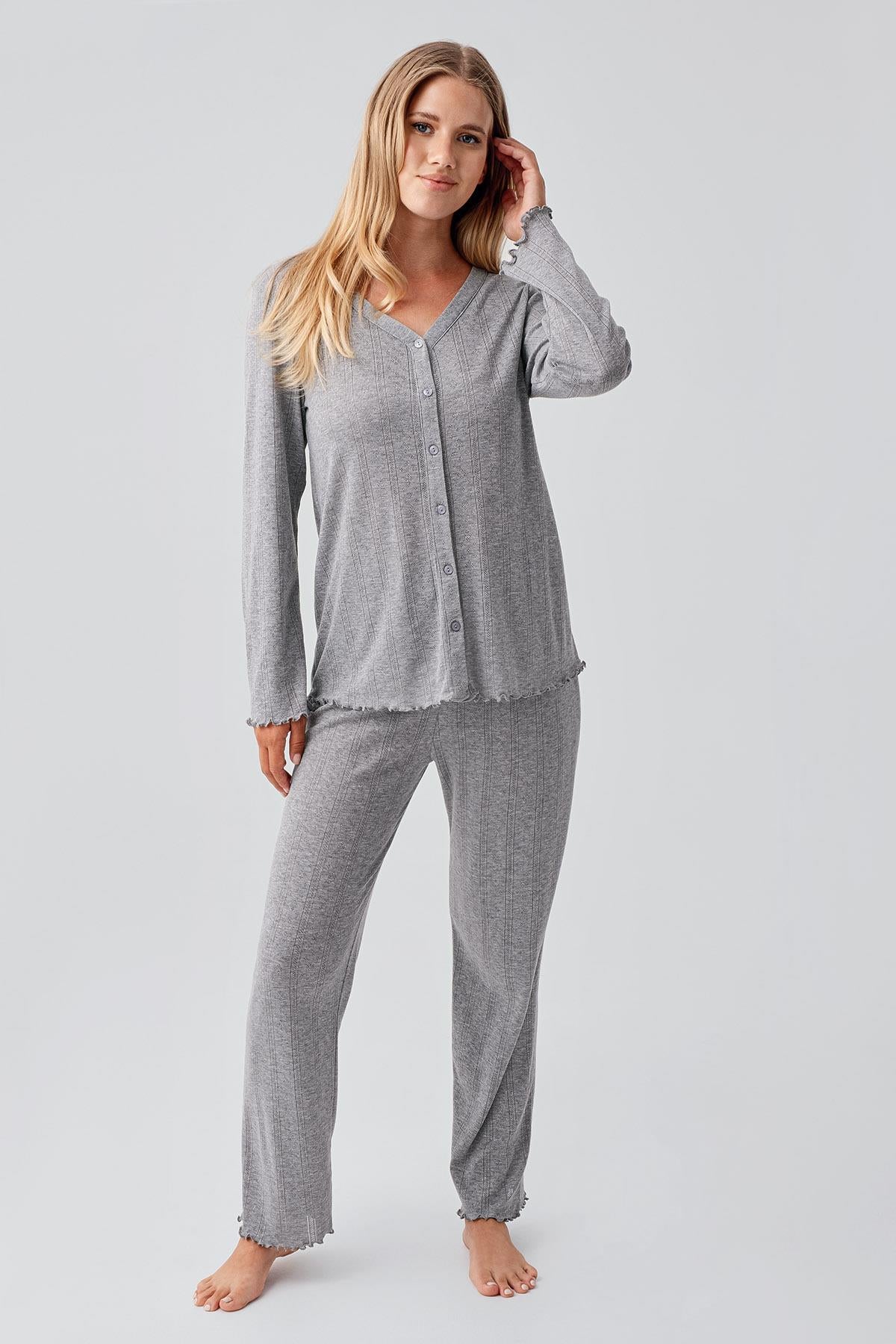 Pleated Cellular Cotton Maternity & Nursing Pajama Set Grey - 18214
