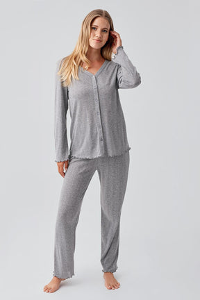 Pleated Cellular Cotton Maternity & Nursing Pajama Set Grey - 18214