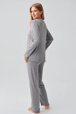 Pleated Cellular Cotton Maternity & Nursing Pajama Set Grey - 18214