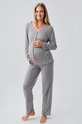 Pleated Cellular Cotton Maternity & Nursing Pajama Set Grey - 18214