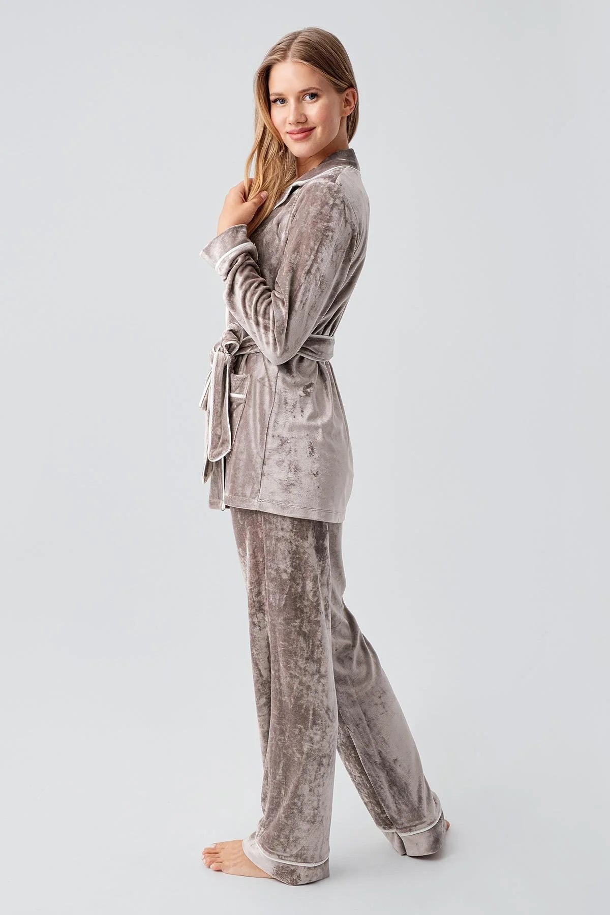 Kimono Velvet Maternity & Nursing Pajama Set Beige - 18216