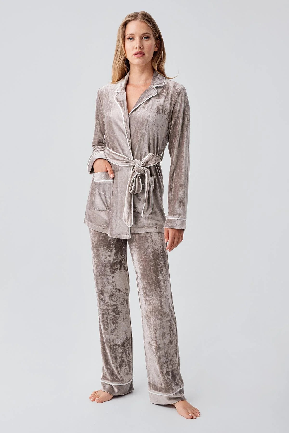 Kimono Velvet Maternity & Nursing Pajama Set Beige - 18216