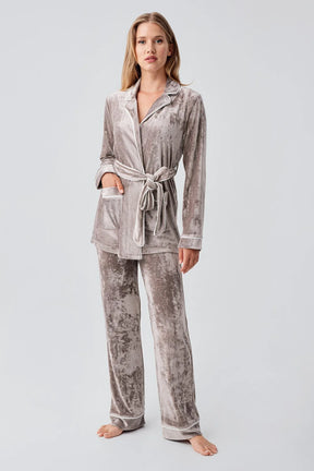 Kimono Velvet Maternity & Nursing Pajama Set Beige - 18216