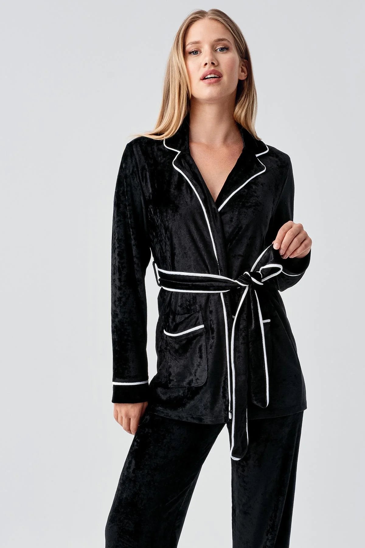 Kimono Velvet Maternity & Nursing Pajama Set Black - 18216