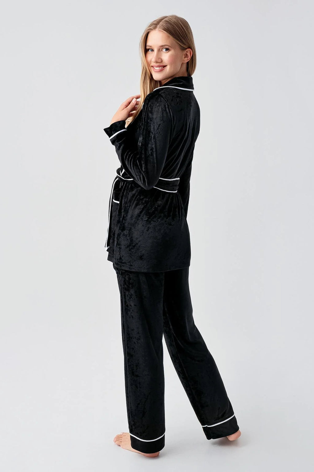 Kimono Velvet Maternity & Nursing Pajama Set Black - 18216