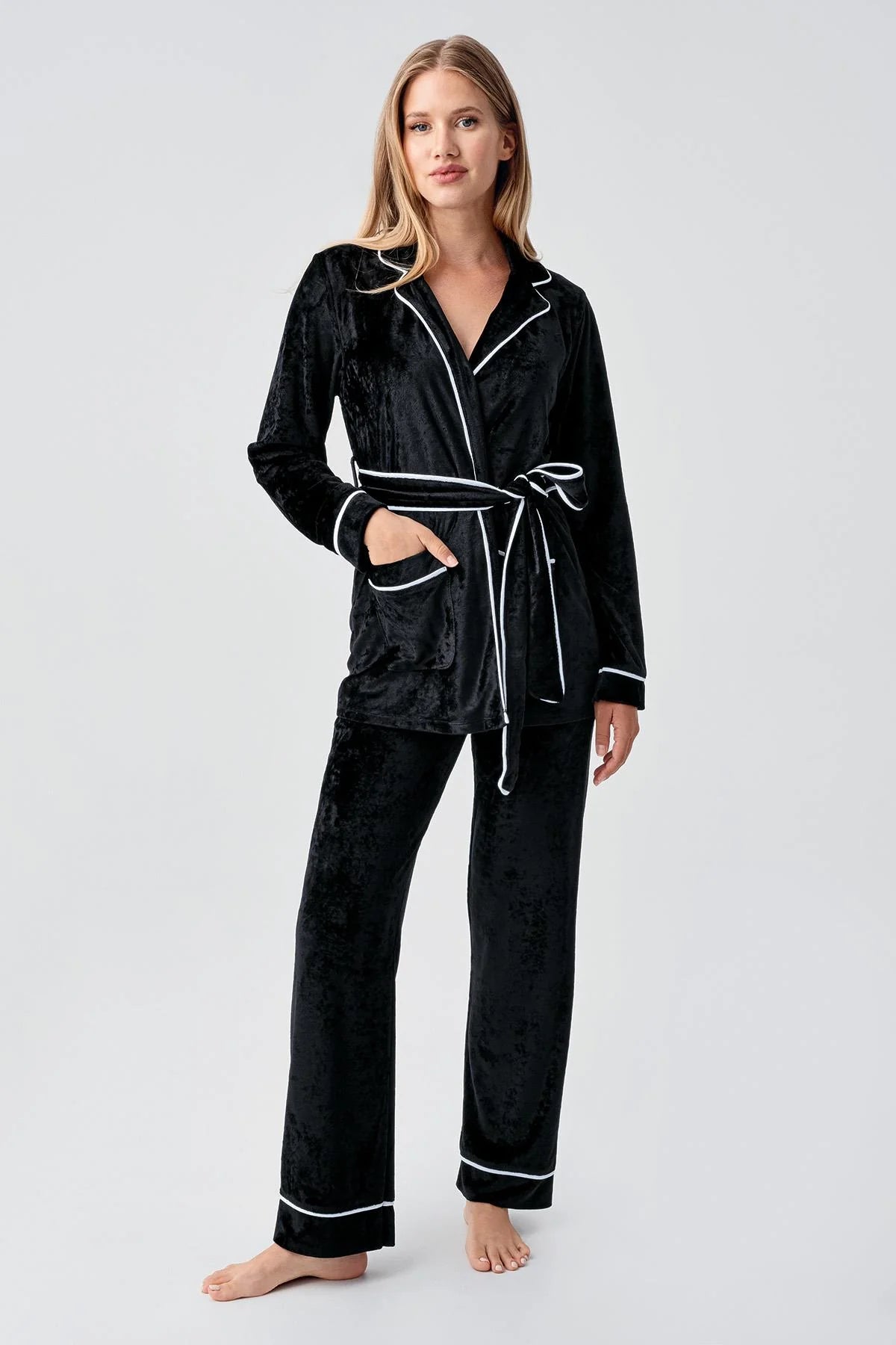 Kimono Velvet Maternity & Nursing Pajama Set Black - 18216