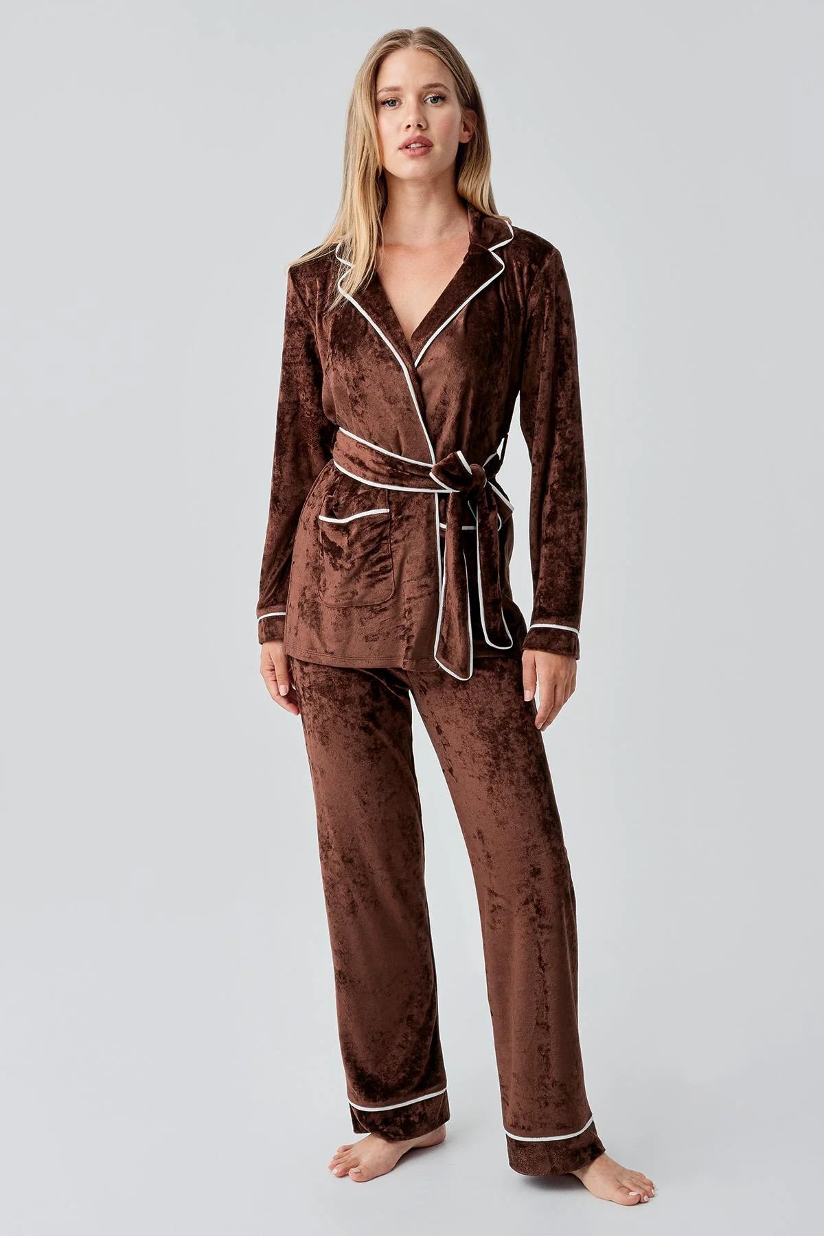 Kimono Velvet Maternity & Nursing Pajama Set Coffee - 18216