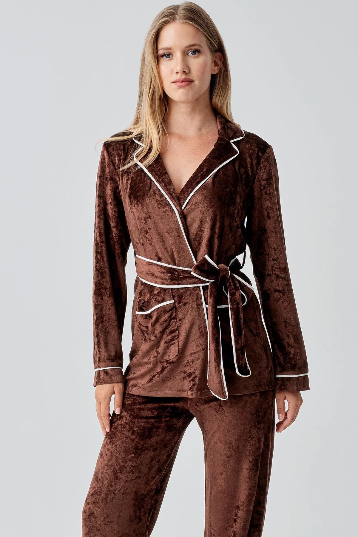 Kimono Velvet Maternity & Nursing Pajama Set Coffee - 18216