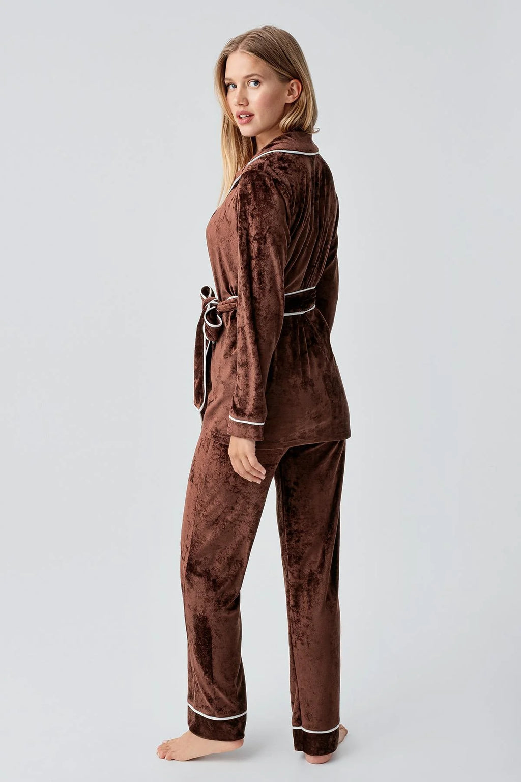 Kimono Velvet Maternity & Nursing Pajama Set Coffee - 18216
