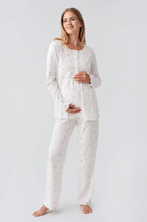 Ribbed Patterned Cotton Maternity & Nursing Pajama Set Ecru - 18218