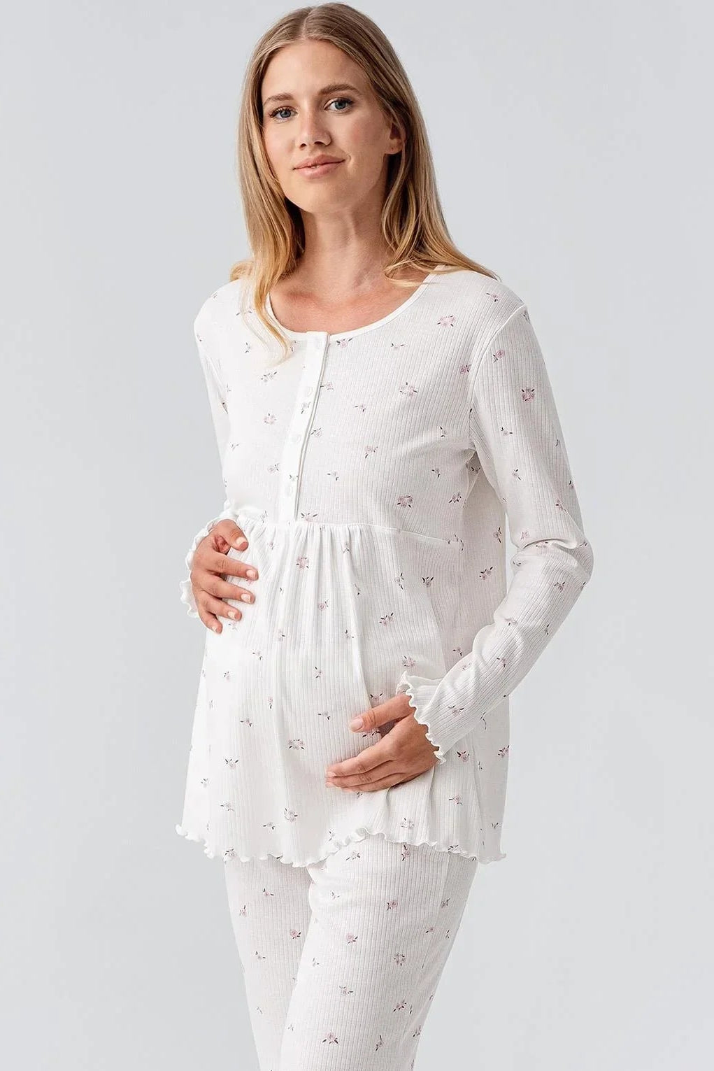 Ribbed Patterned Cotton Maternity & Nursing Pajama Set Ecru - 18218