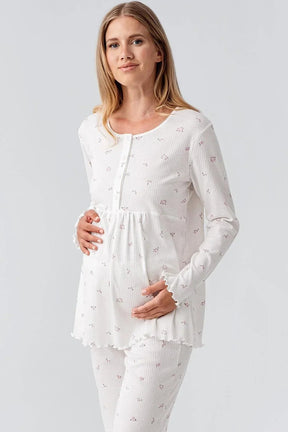 Ribbed Patterned Cotton Maternity & Nursing Pajama Set Ecru - 18218