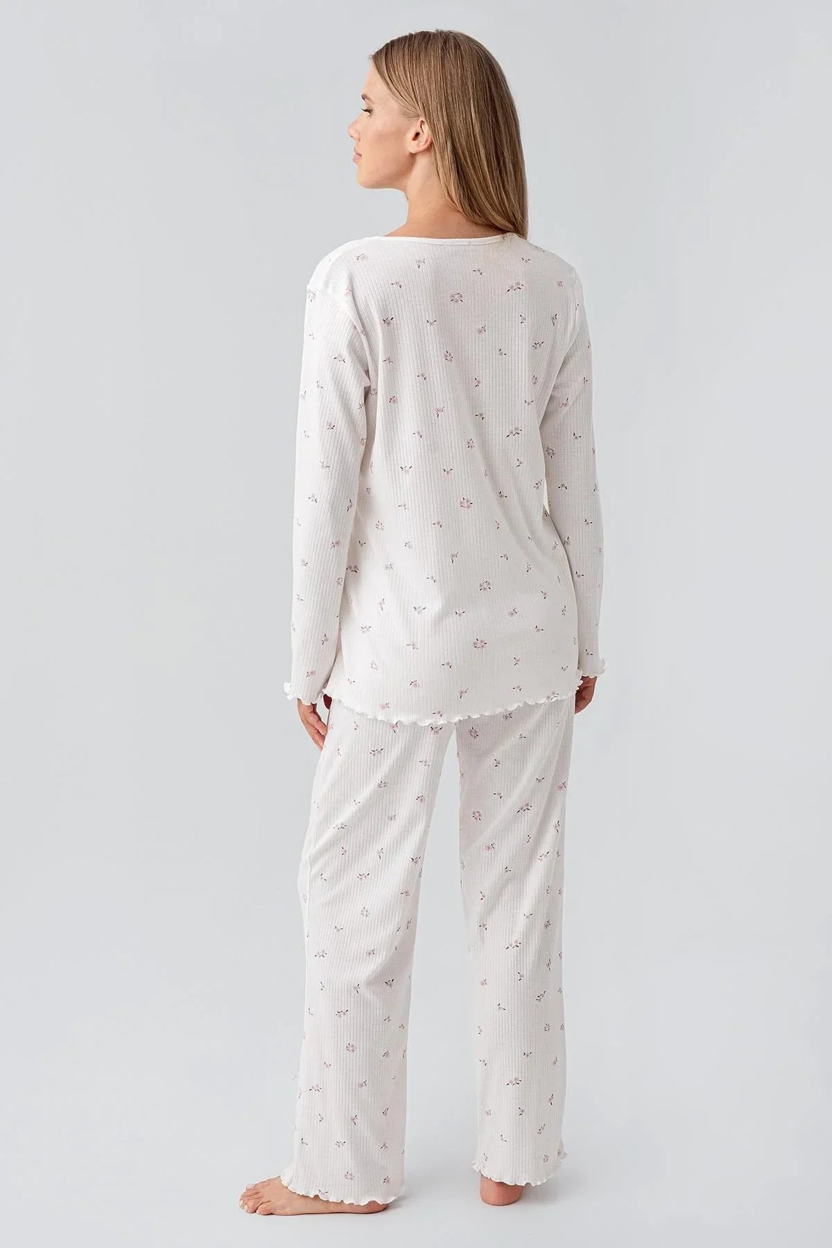Ribbed Patterned Cotton Maternity & Nursing Pajama Set Ecru - 18218