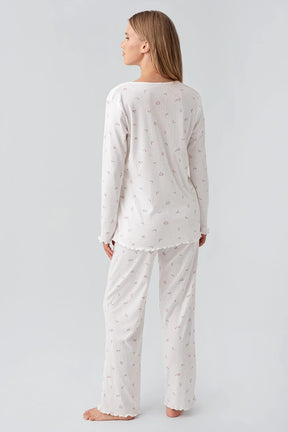 Ribbed Patterned Cotton Maternity & Nursing Pajama Set Ecru - 18218