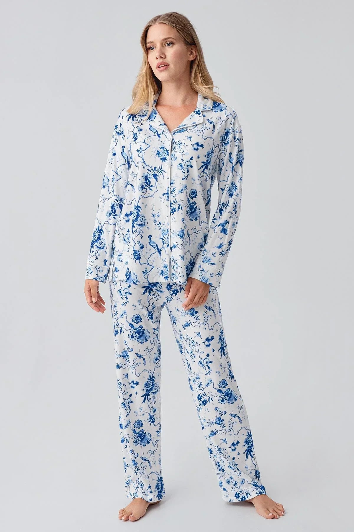 Patterned Thermal Maternity & Nursing Pajama Set Blue - 18222