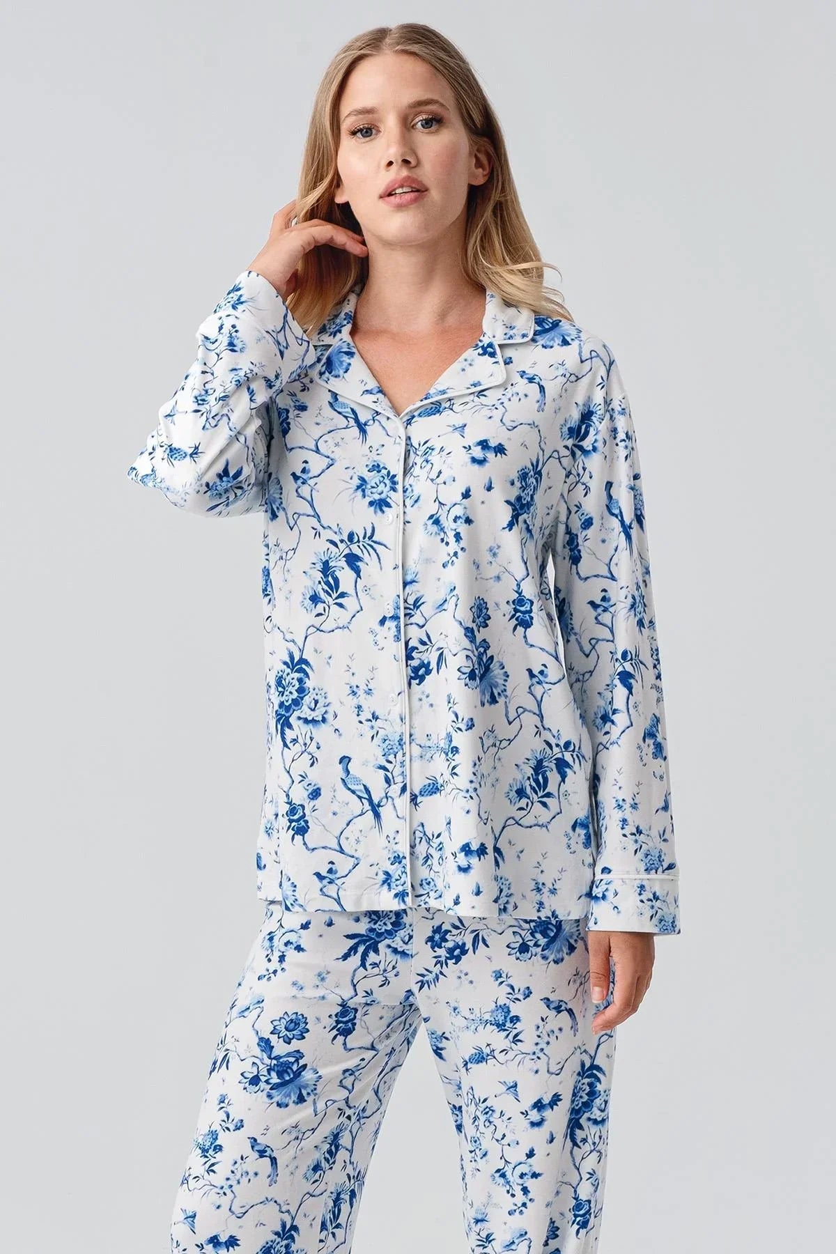 Patterned Thermal Maternity & Nursing Pajama Set Blue - 18222