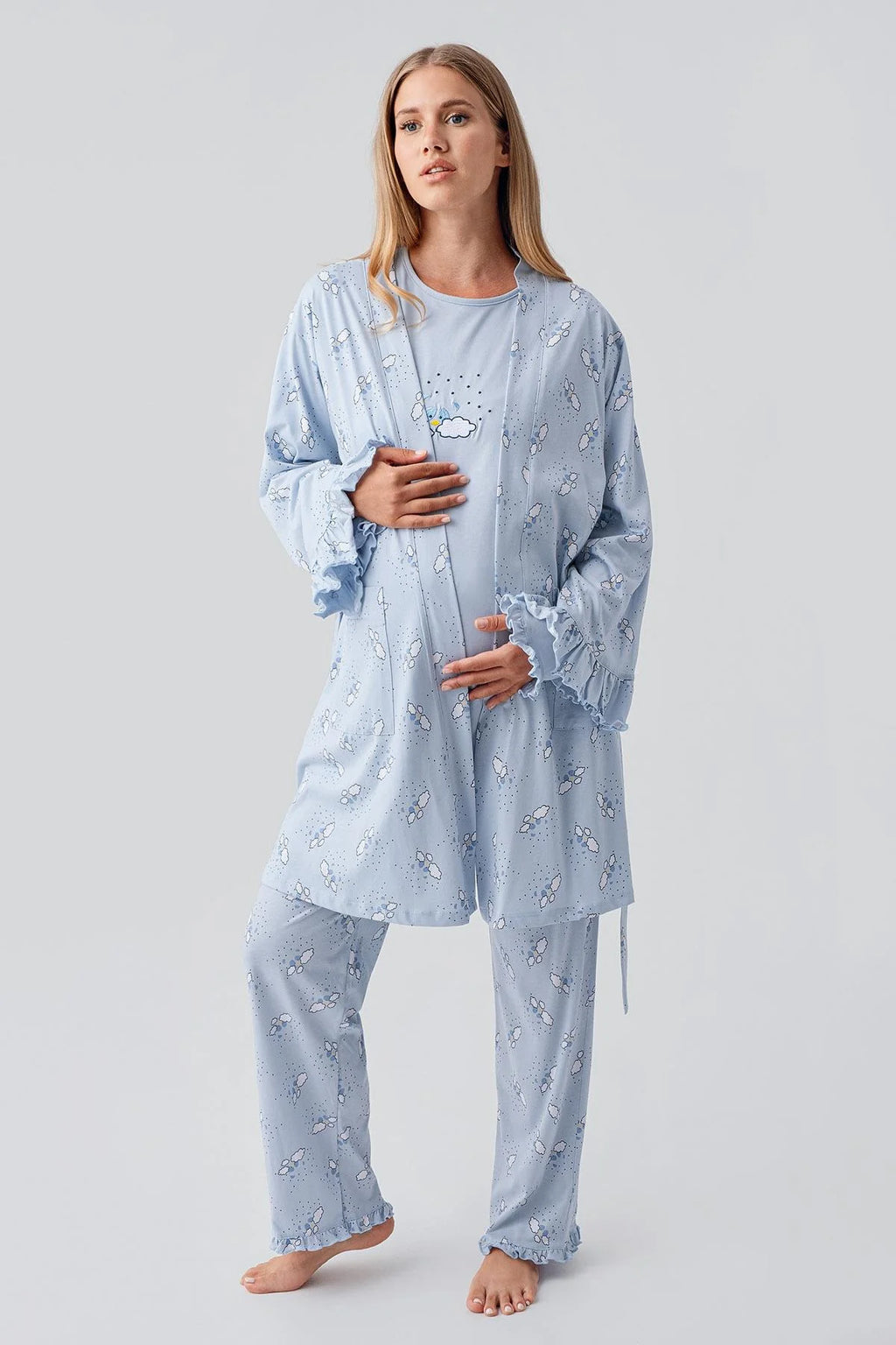 Patterned Pleated Cotton 3-Piece Maternity-Nursing Pajama & Robe Set Blue - 18300