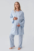Patterned Pleated Cotton 3-Piece Maternity-Nursing Pajama & Robe Set Blue - 18300