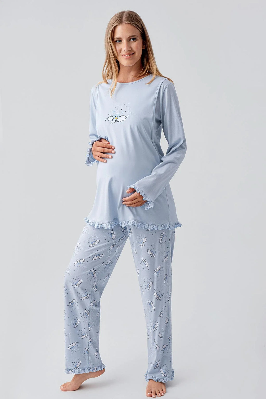 Patterned Pleated Cotton 3-Piece Maternity-Nursing Pajama & Robe Set Blue - 18300