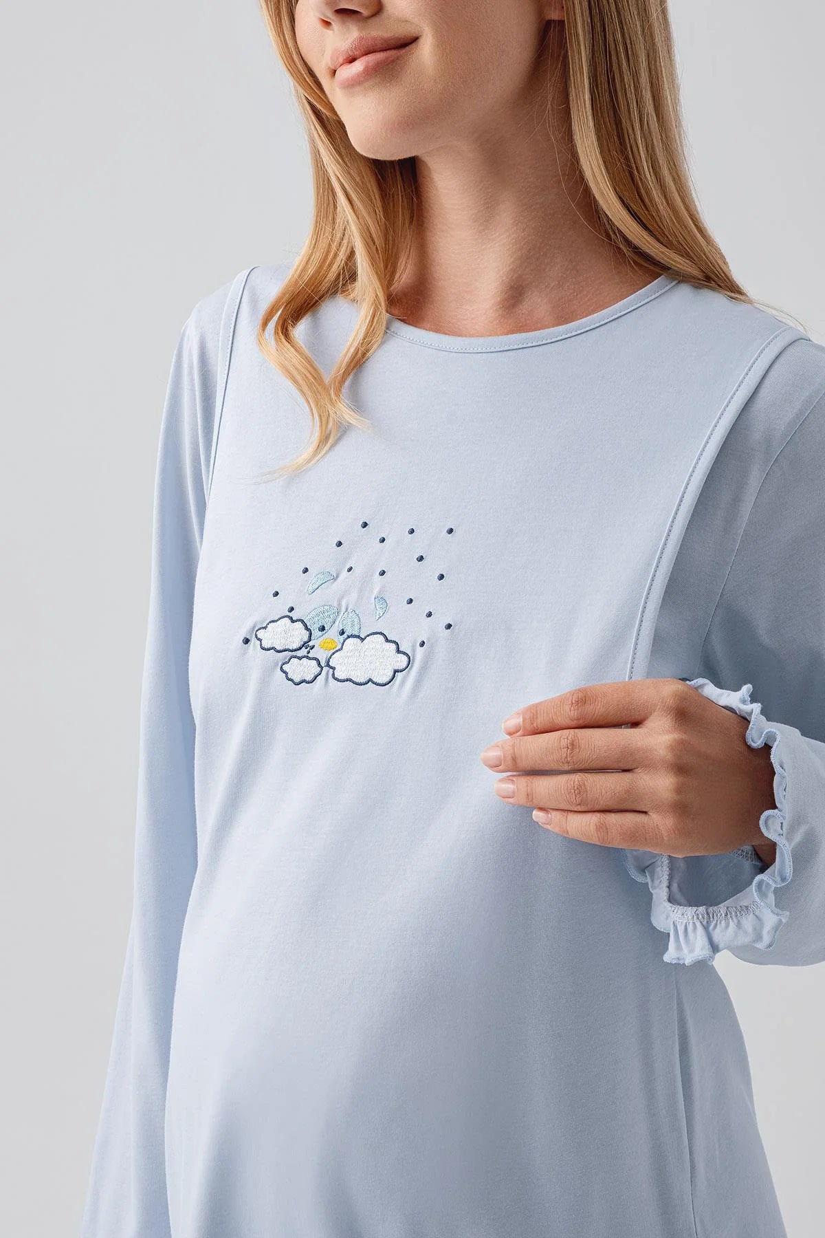 Patterned Pleated Cotton 3-Piece Maternity-Nursing Pajama & Robe Set Blue - 18300