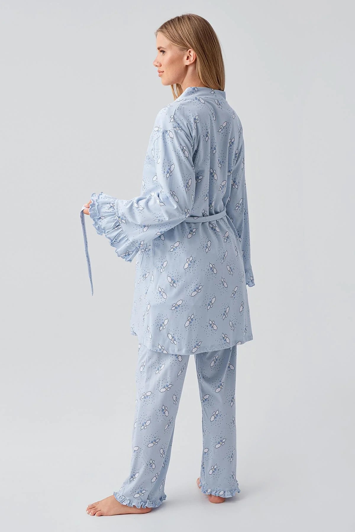 Patterned Pleated Cotton 3-Piece Maternity-Nursing Pajama & Robe Set Blue - 18300
