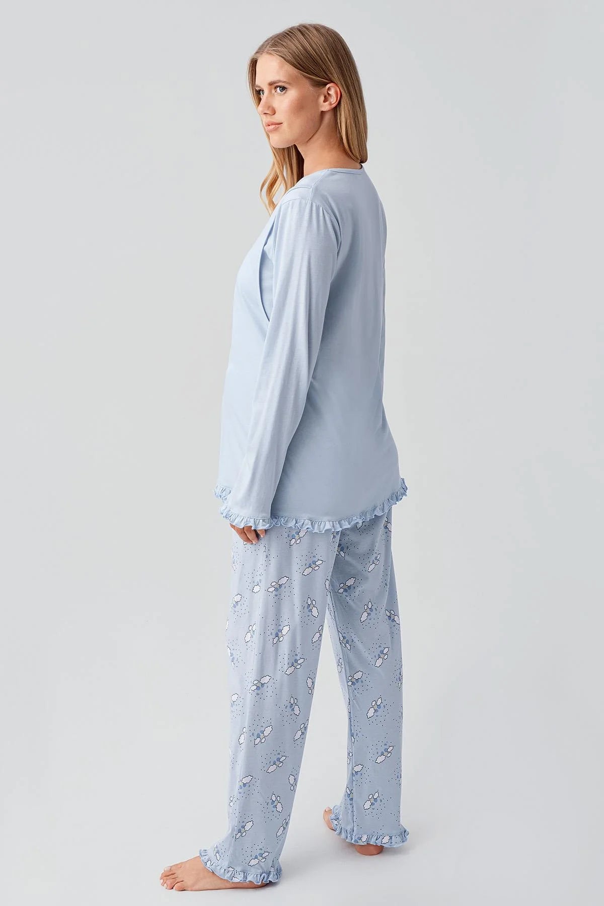 Patterned Pleated Cotton 3-Piece Maternity-Nursing Pajama & Robe Set Blue - 18300