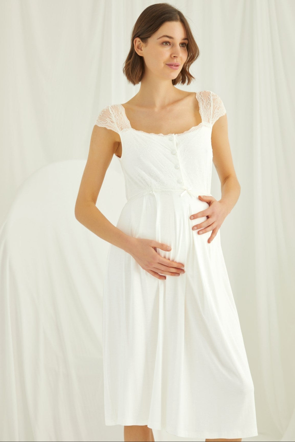Lace Shoulder Maternity & Nursing Nightgown Ecru - 18300