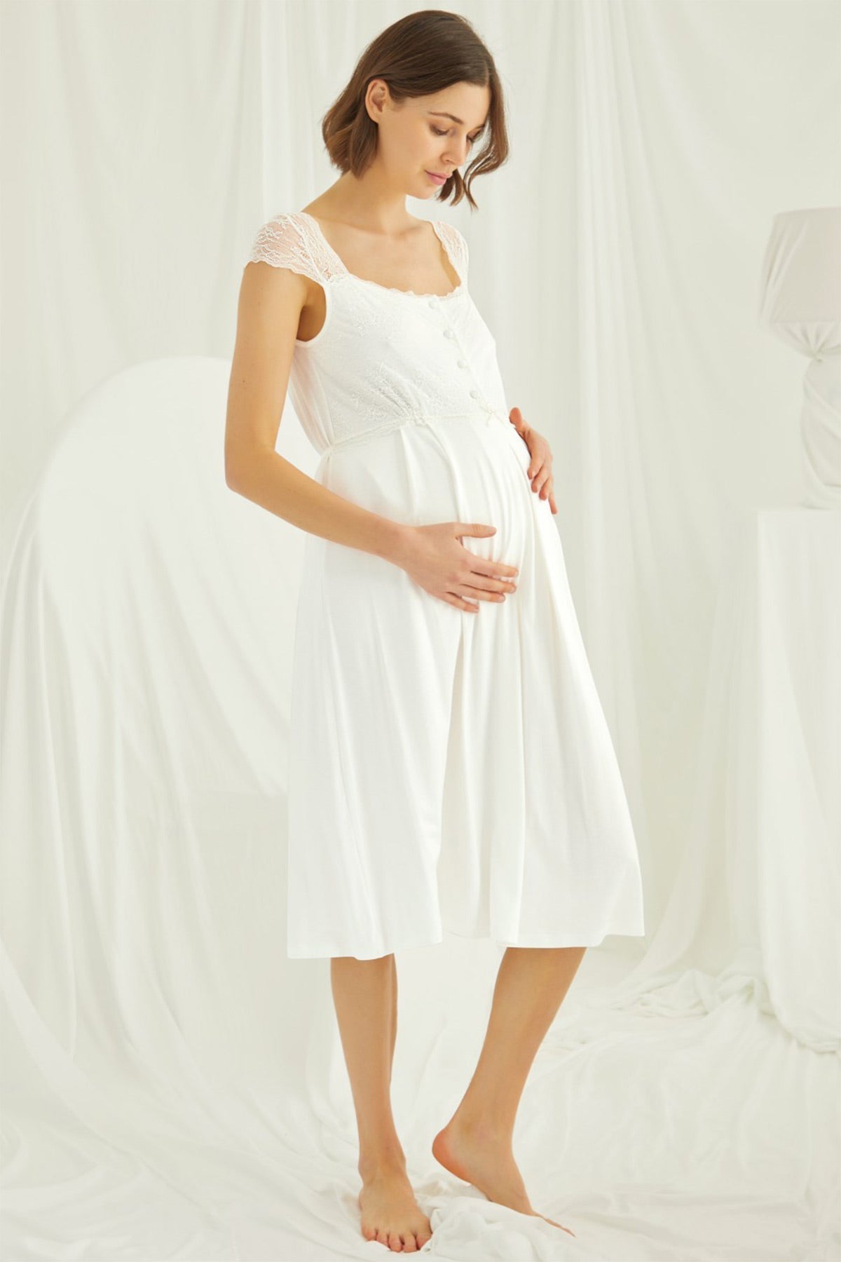 Lace Shoulder Maternity & Nursing Nightgown Ecru - 18300
