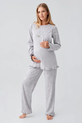 Patterned Pleated Cotton 3-Piece Maternity-Nursing Pajama & Robe Set Grey - 18300