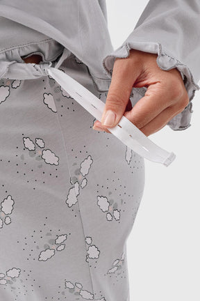 Patterned Pleated Cotton 3-Piece Maternity-Nursing Pajama & Robe Set Grey - 18300