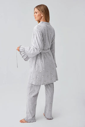 Patterned Pleated Cotton 3-Piece Maternity-Nursing Pajama & Robe Set Grey - 18300