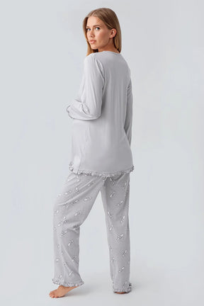 Patterned Pleated Cotton 3-Piece Maternity-Nursing Pajama & Robe Set Grey - 18300