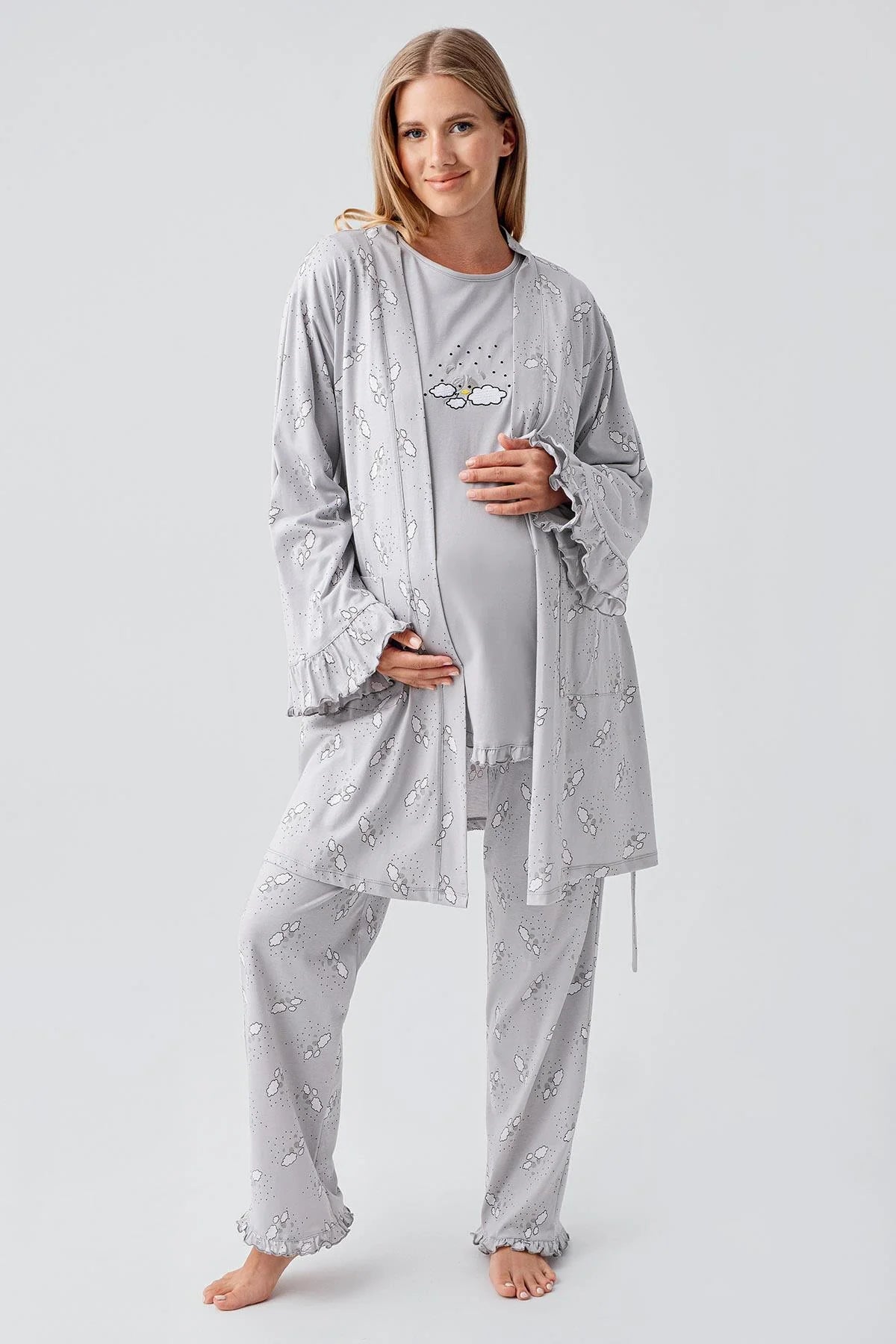Patterned Pleated Cotton 3-Piece Maternity-Nursing Pajama & Robe Set Grey - 18300