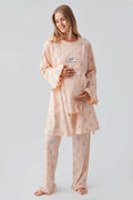 Patterned Pleated Cotton 3-Piece Maternity-Nursing Pajama & Robe Set Salmon - 18300