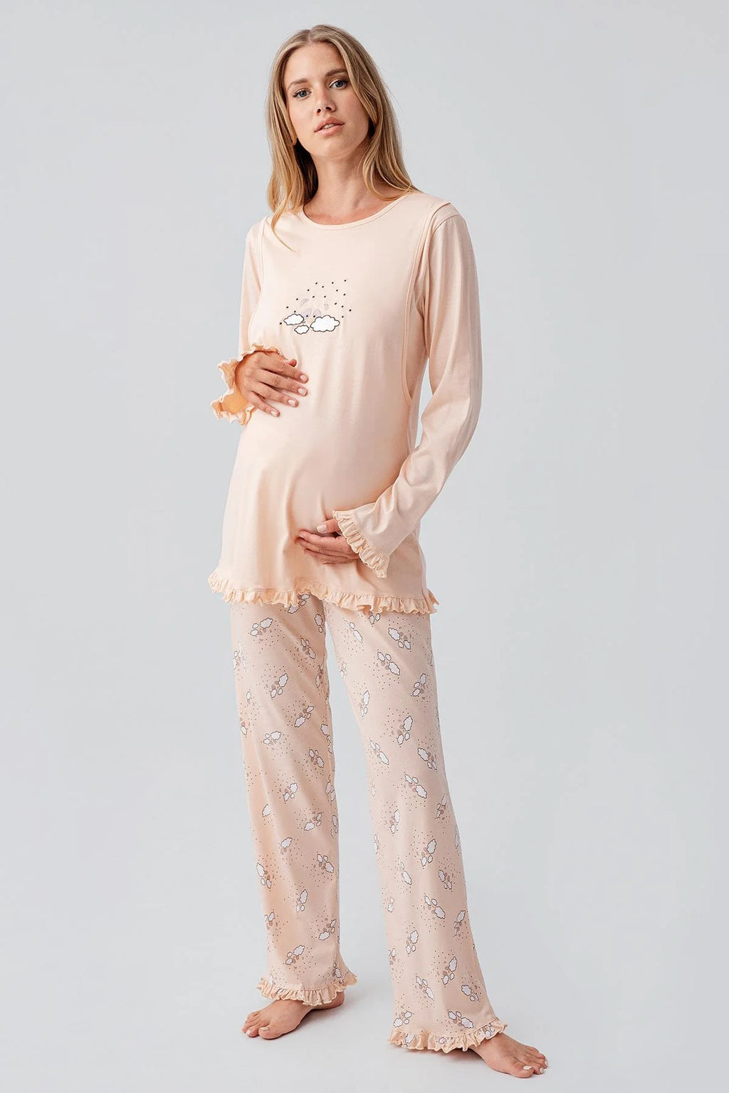 Patterned Pleated Cotton 3-Piece Maternity-Nursing Pajama & Robe Set Salmon - 18300