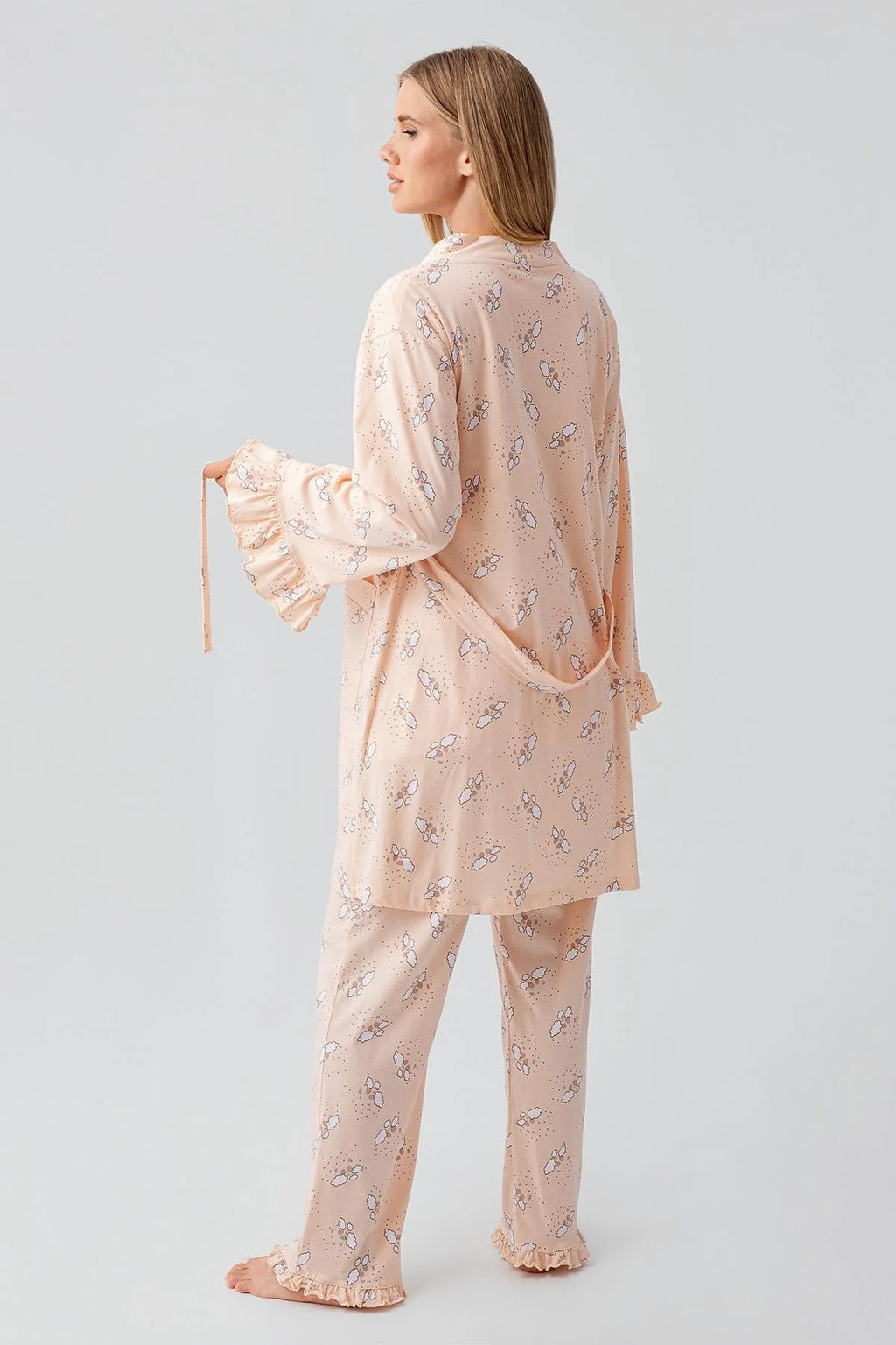 Patterned Pleated Cotton 3-Piece Maternity-Nursing Pajama & Robe Set Salmon - 18300
