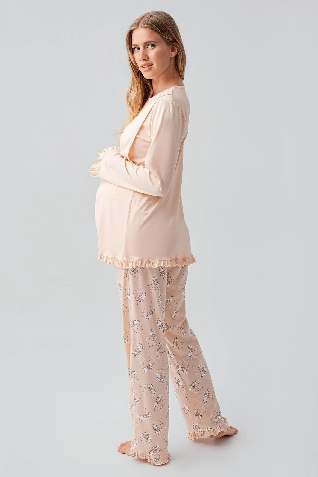 Patterned Pleated Cotton 3-Piece Maternity-Nursing Pajama & Robe Set Salmon - 18300
