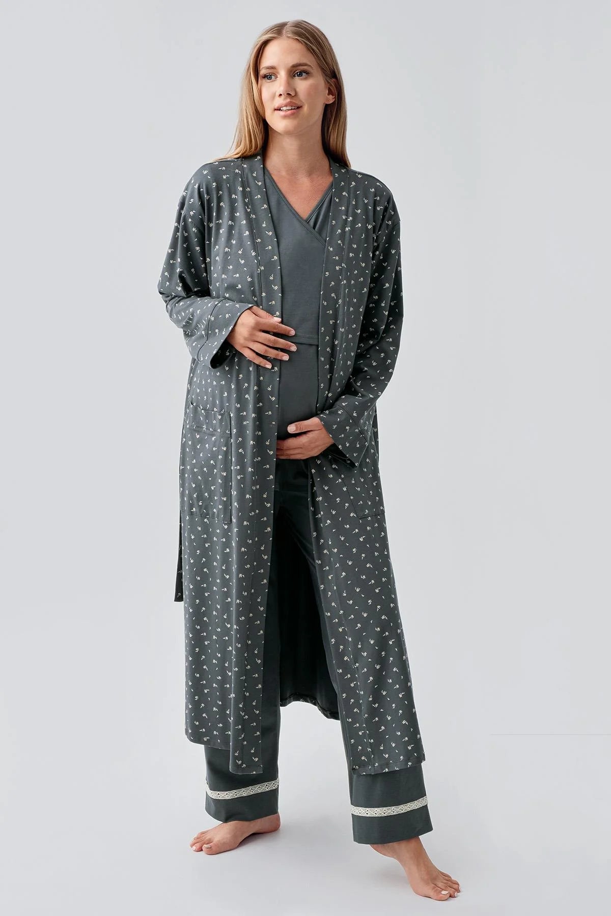Side Tie Nursing Feature Cotton 3-Piece Maternity-Nursing Pajama & Patterned Robe Set Green - 18301