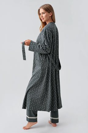 Side Tie Nursing Feature Cotton 3-Piece Maternity-Nursing Pajama & Patterned Robe Set Green - 18301