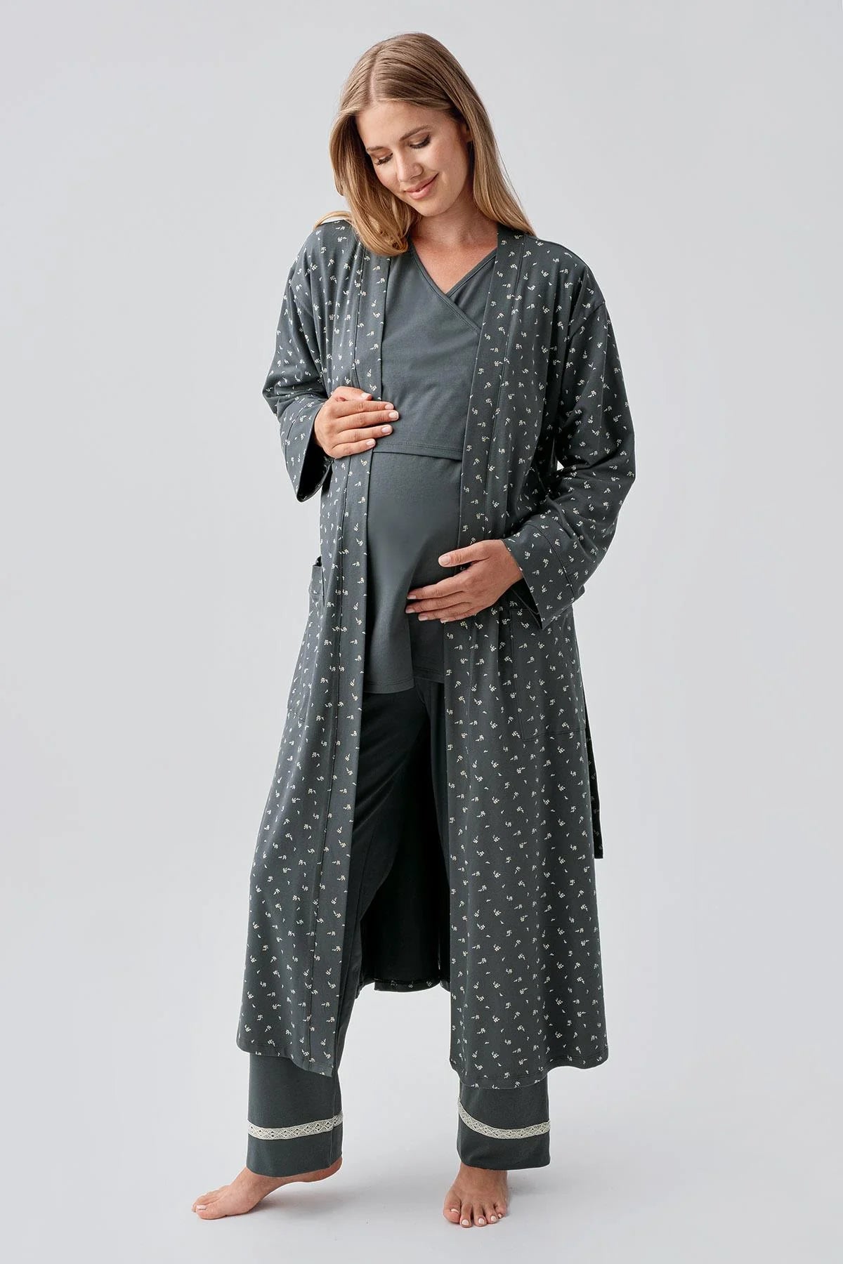 Side Tie Nursing Feature Cotton 3-Piece Maternity-Nursing Pajama & Patterned Robe Set Green - 18301