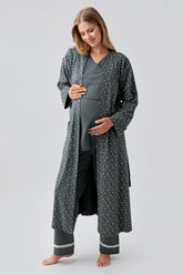 Side Tie Nursing Feature Cotton 3-Piece Maternity-Nursing Pajama & Patterned Robe Set Green - 18301