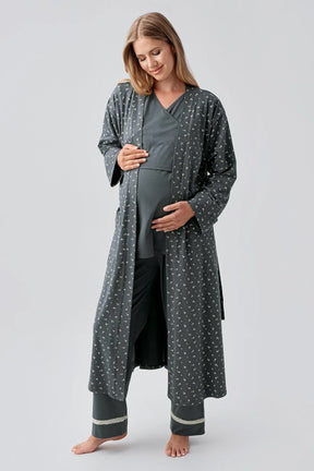 Side Tie Nursing Feature Cotton 3-Piece Maternity-Nursing Pajama & Patterned Robe Set Green - 18301
