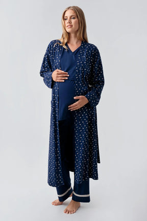 Side Tie Nursing Feature Cotton 3-Piece Maternity-Nursing Pajama & Patterned Robe Set Navy Blue - 18301