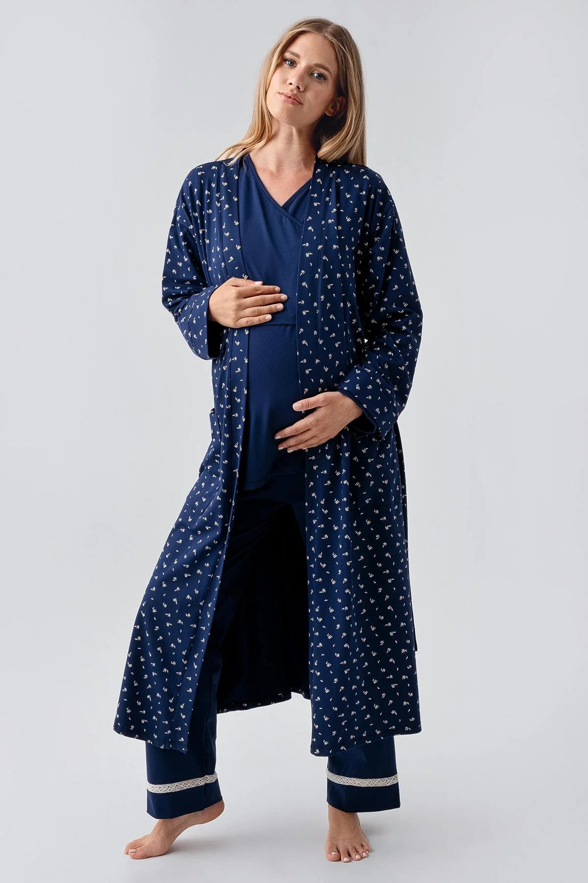 Side Tie Nursing Feature Cotton 3-Piece Maternity-Nursing Pajama & Patterned Robe Set Navy Blue - 18301