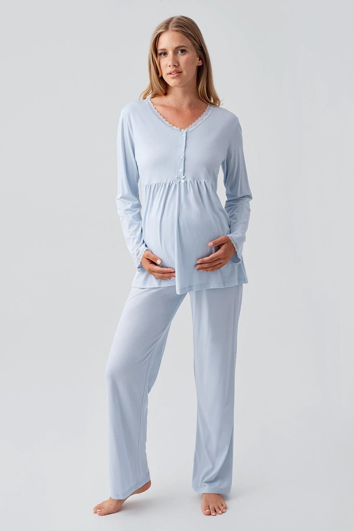 Lace Sleeve and Collar 3-Piece Maternity-Nursing Pajama & Robe Set Blue - 18302