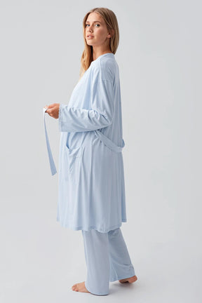 Lace Sleeve and Collar 3-Piece Maternity-Nursing Pajama & Robe Set Blue - 18302